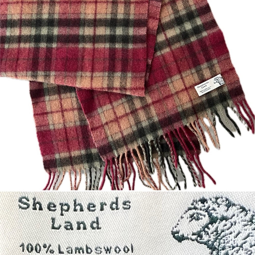 🐑Lambswool Plaid Unisex Scarf | Shepherds Land | Muted Magenta/Green/Tan/Black